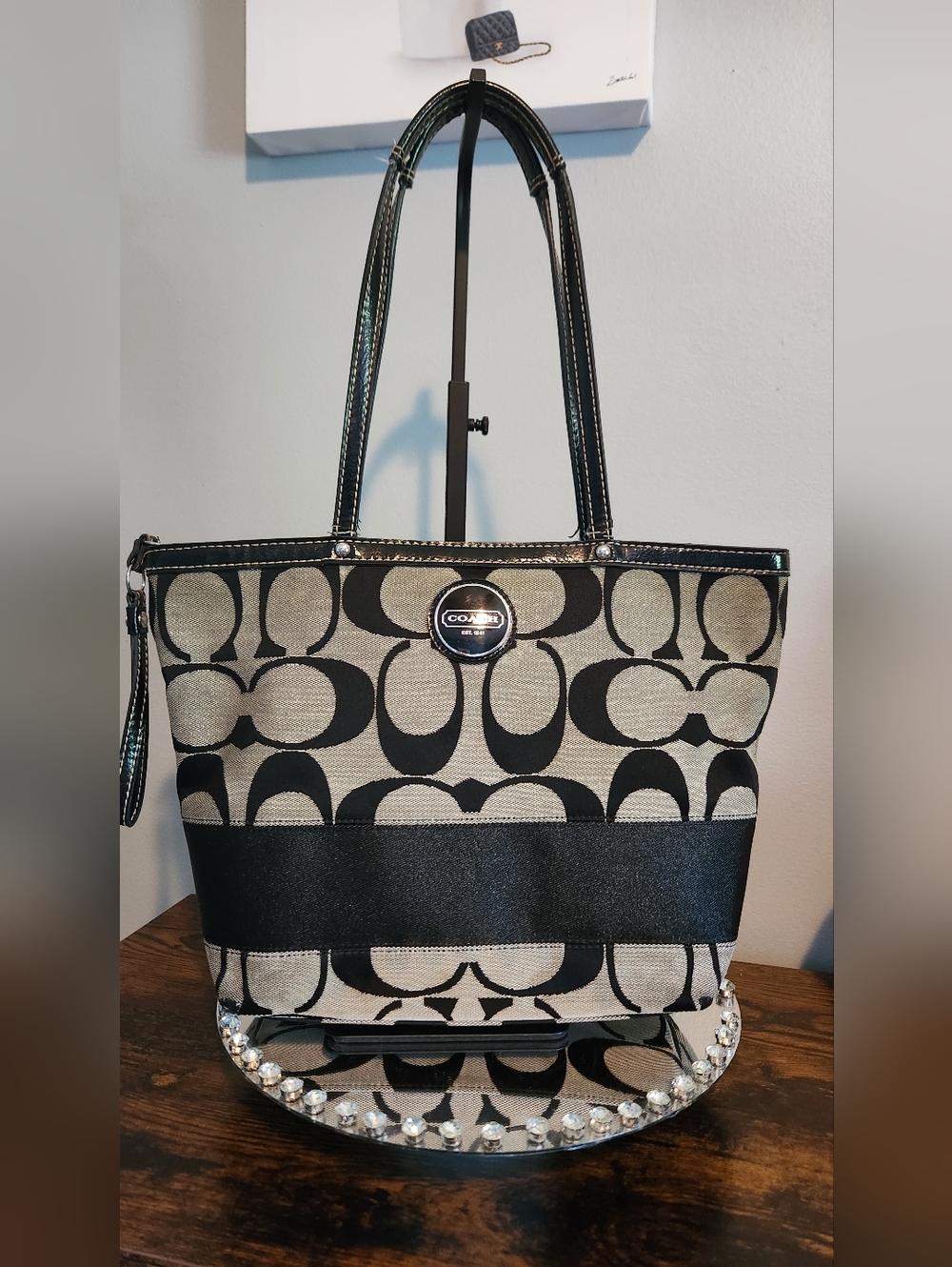Coach Signature Stripe Canvas Tote with Logo Plaque.
